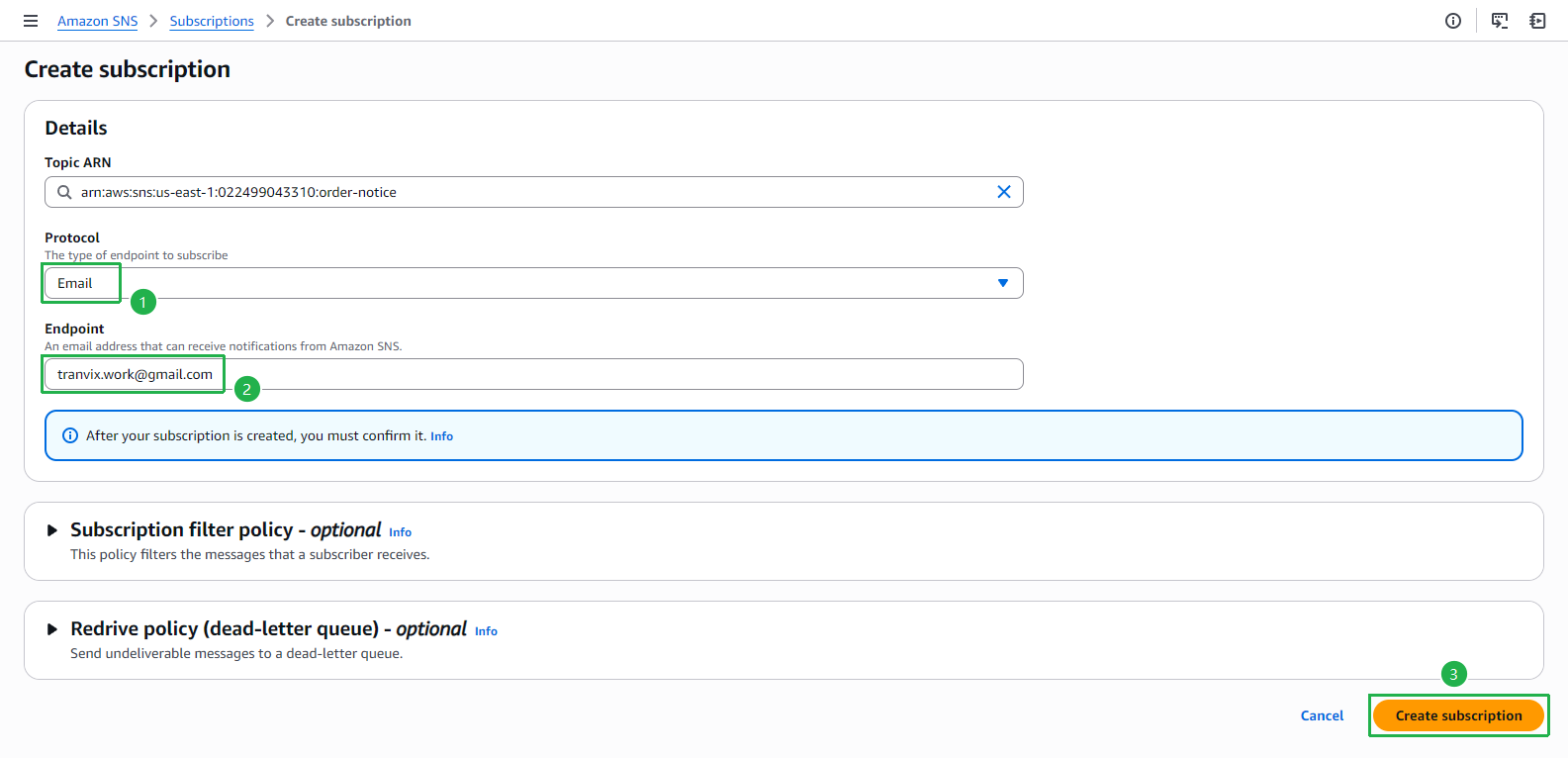Choose Email protocol and enter endpoint