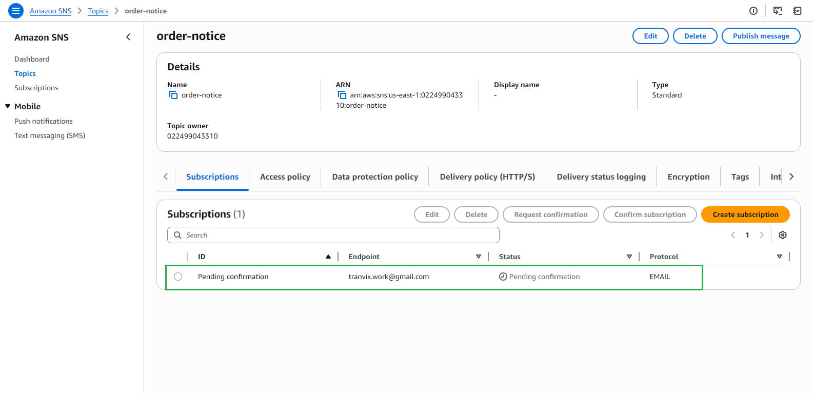 Subscriptions tab with pending status