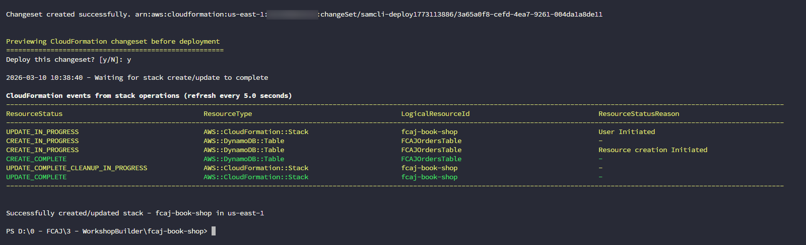CloudFormation FCAJOrdersTable CREATE_COMPLETE