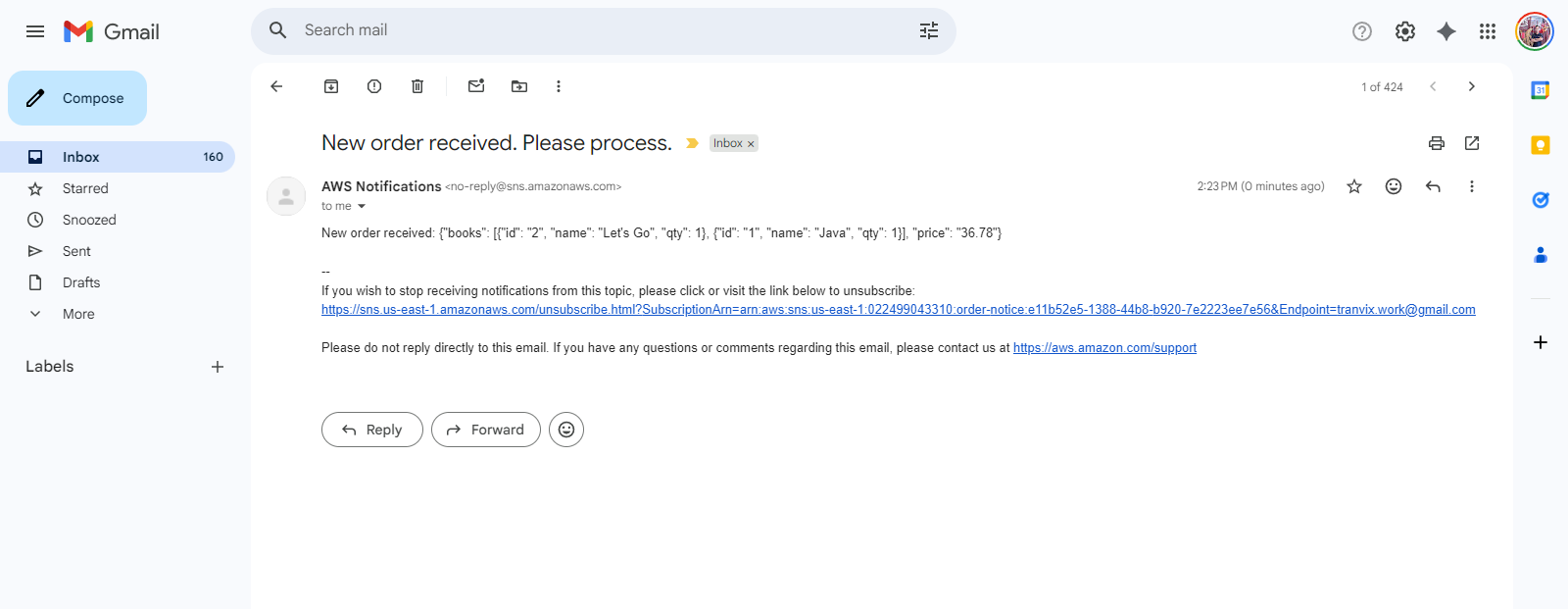 Email notification from SNS