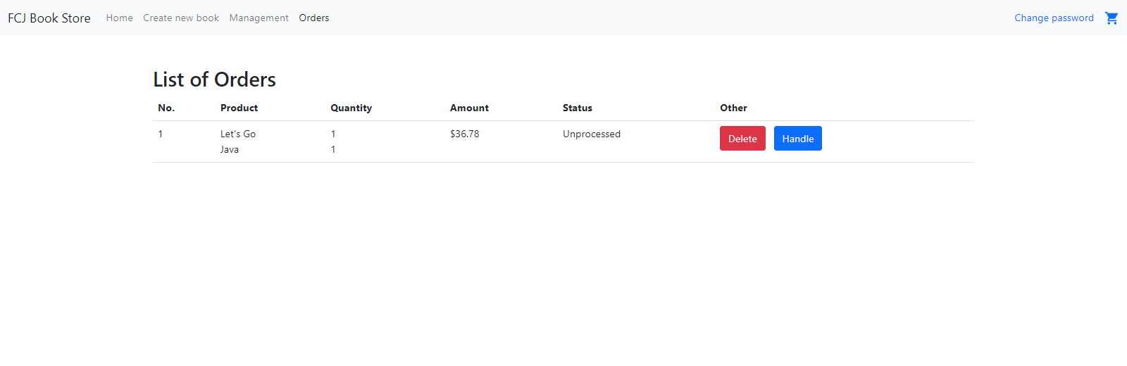 Orders page - 1 order unprocessed