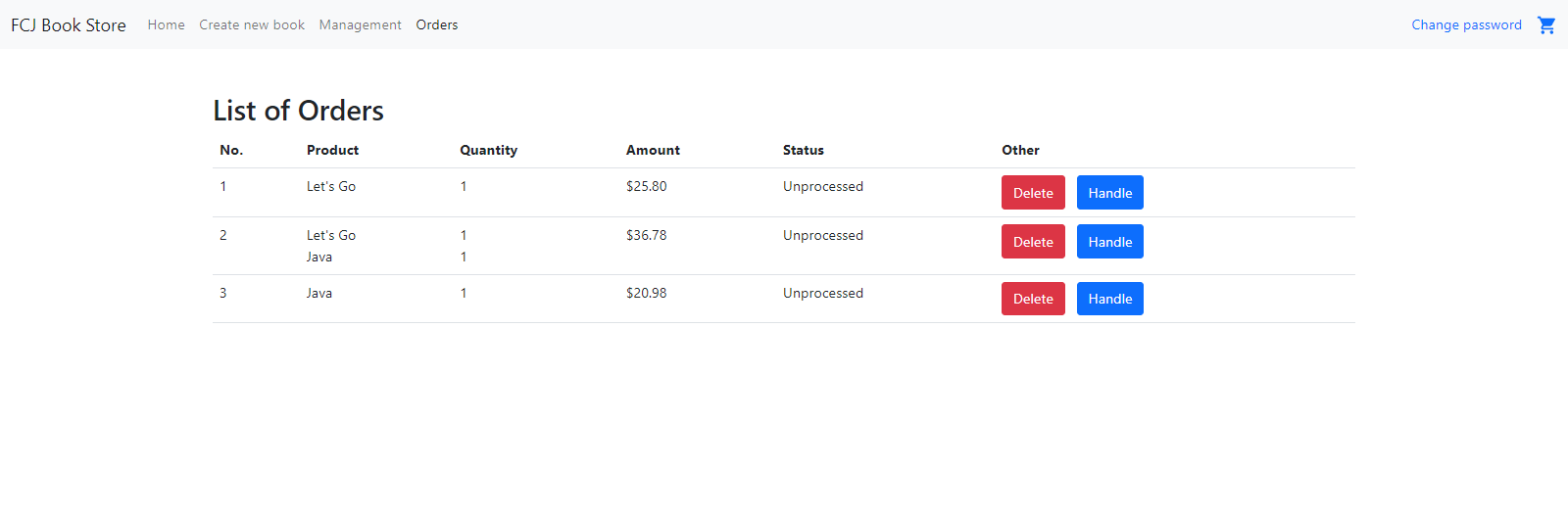 Orders page - 3 orders unprocessed