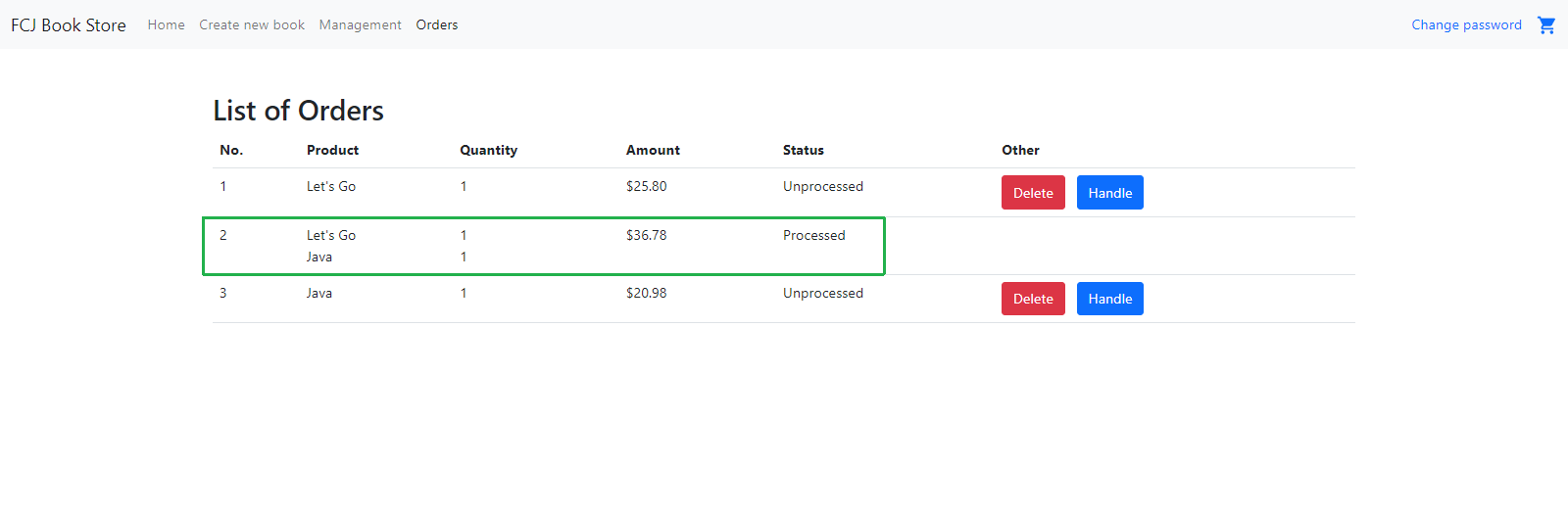 Orders page - order Processed status