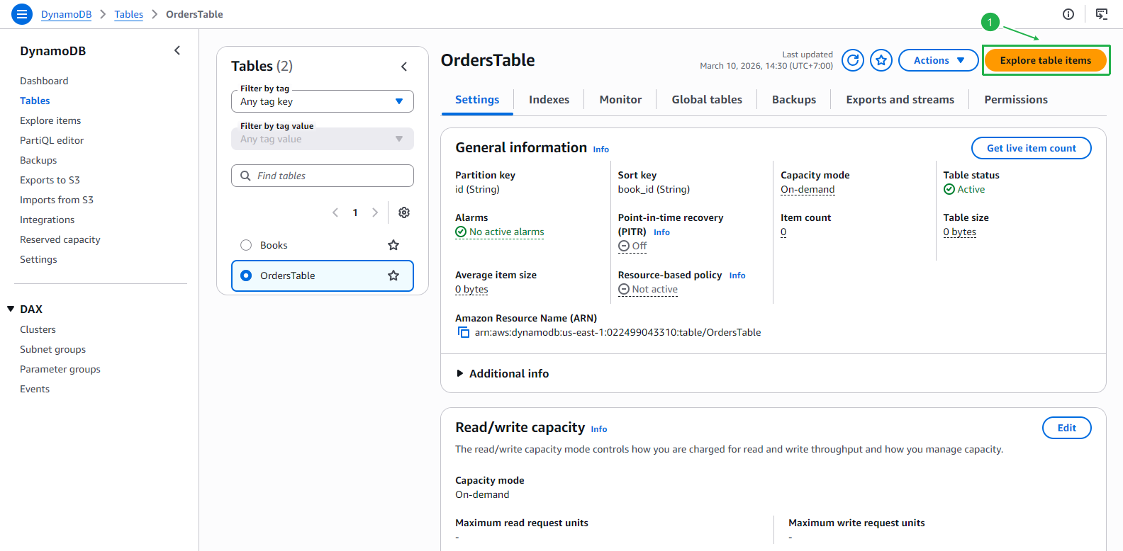 OrdersTable detail - Explore table items