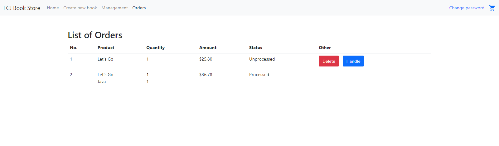 Orders page - deleted item removed