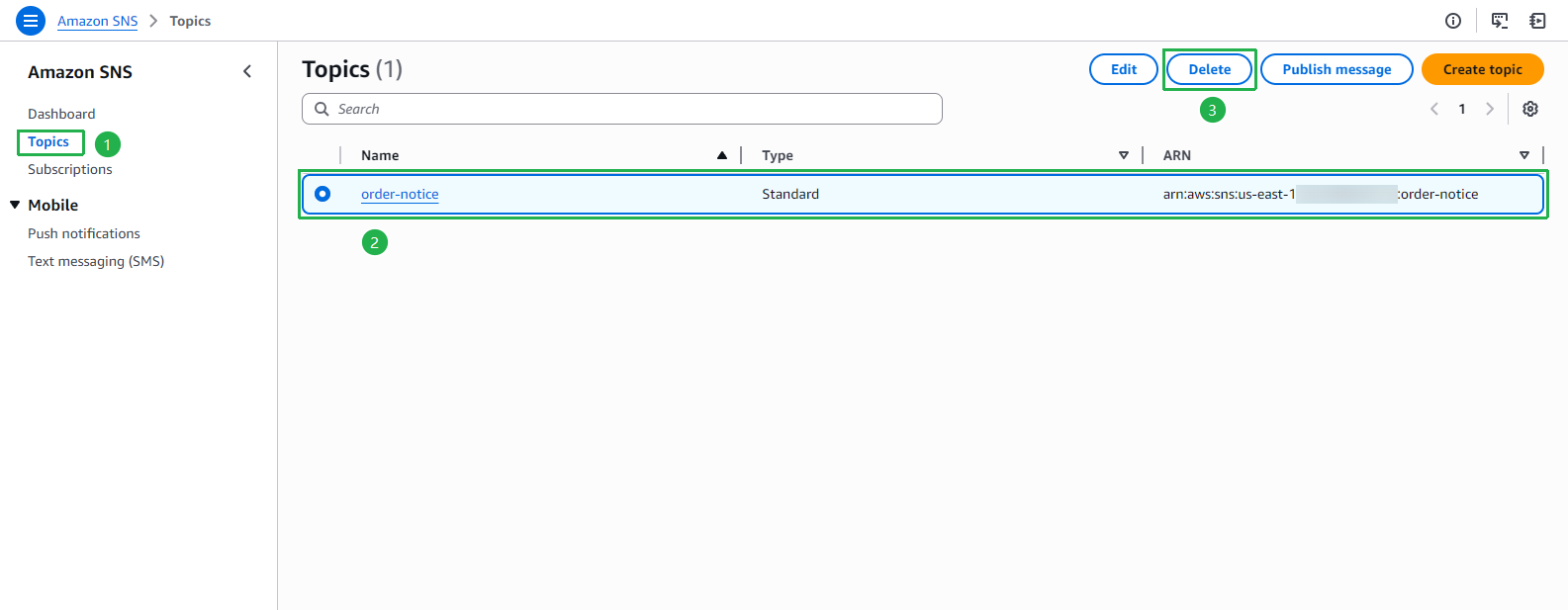 SNS Topics - select order-notice