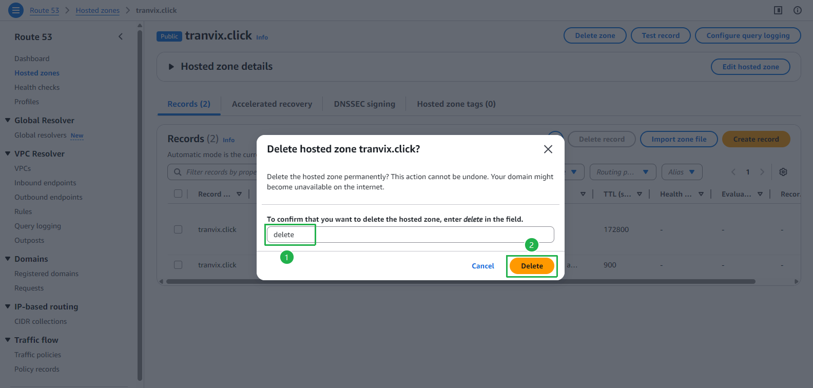 Delete hosted zone confirmation